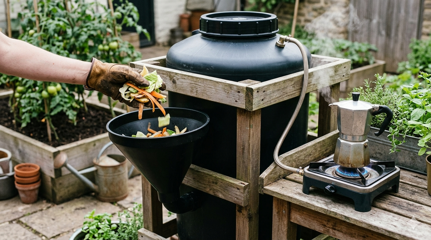 Small-scale home biodigester waste-to-energy system diagram